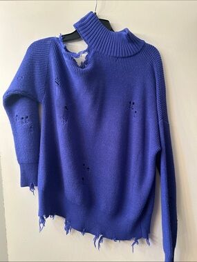 Lovers + Friends Distressed off the shoulder Cowlneck Sweater in Royal Blue
